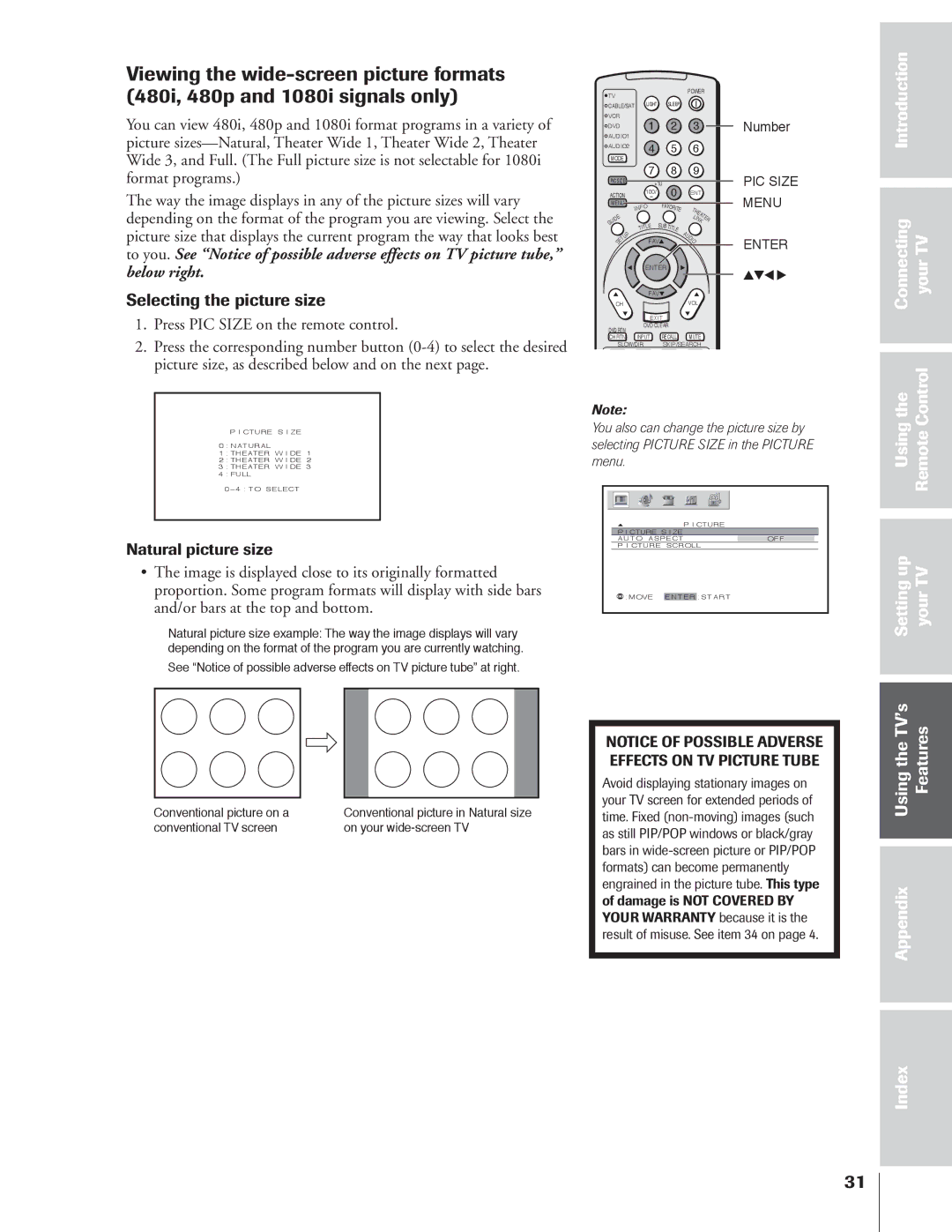 Toshiba 34HFX84 owner manual Selecting the picture size, Usingthe Features 