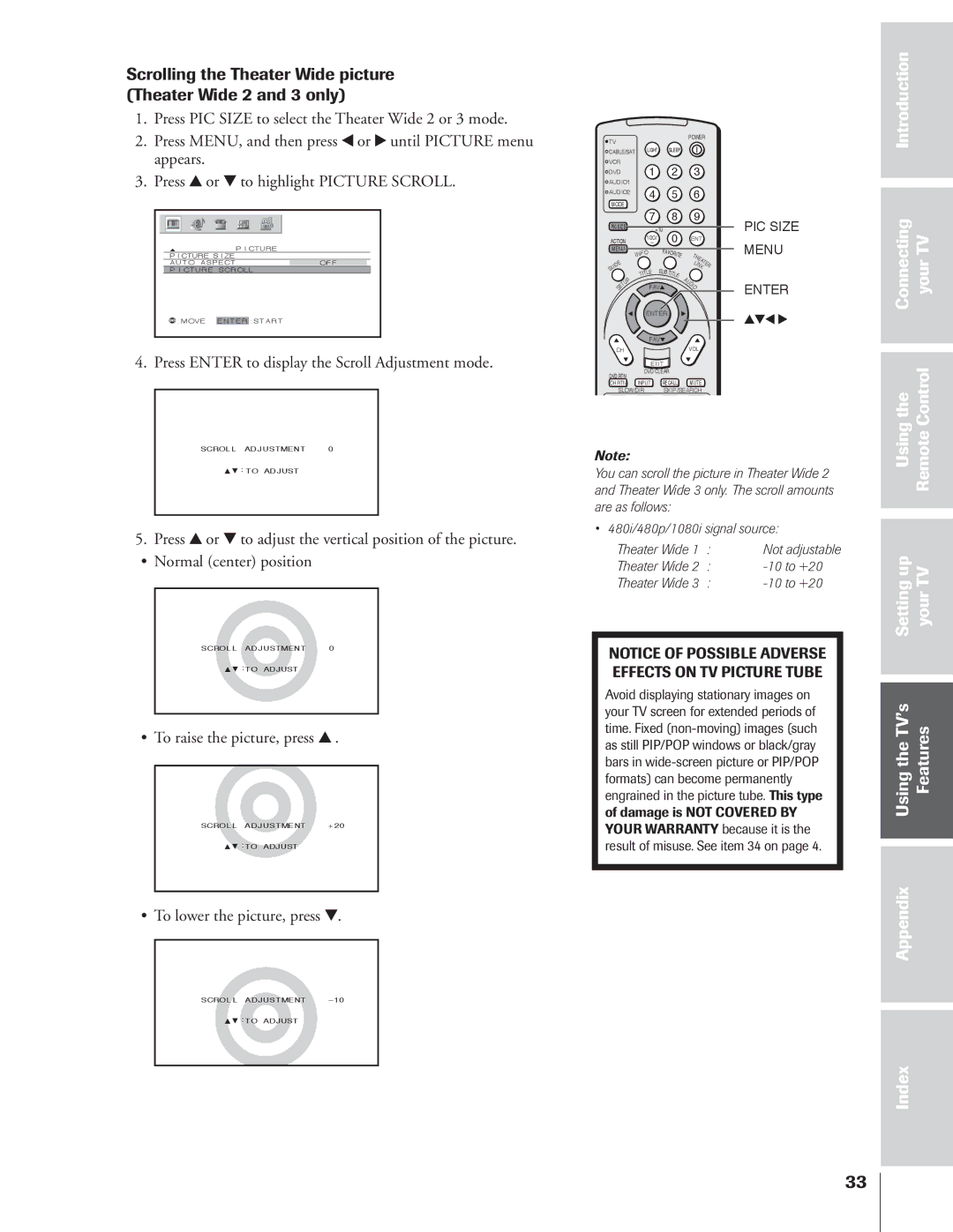 Toshiba 34HFX84 owner manual Press Enter to display the Scroll Adjustment mode, To raise the picture, press y 