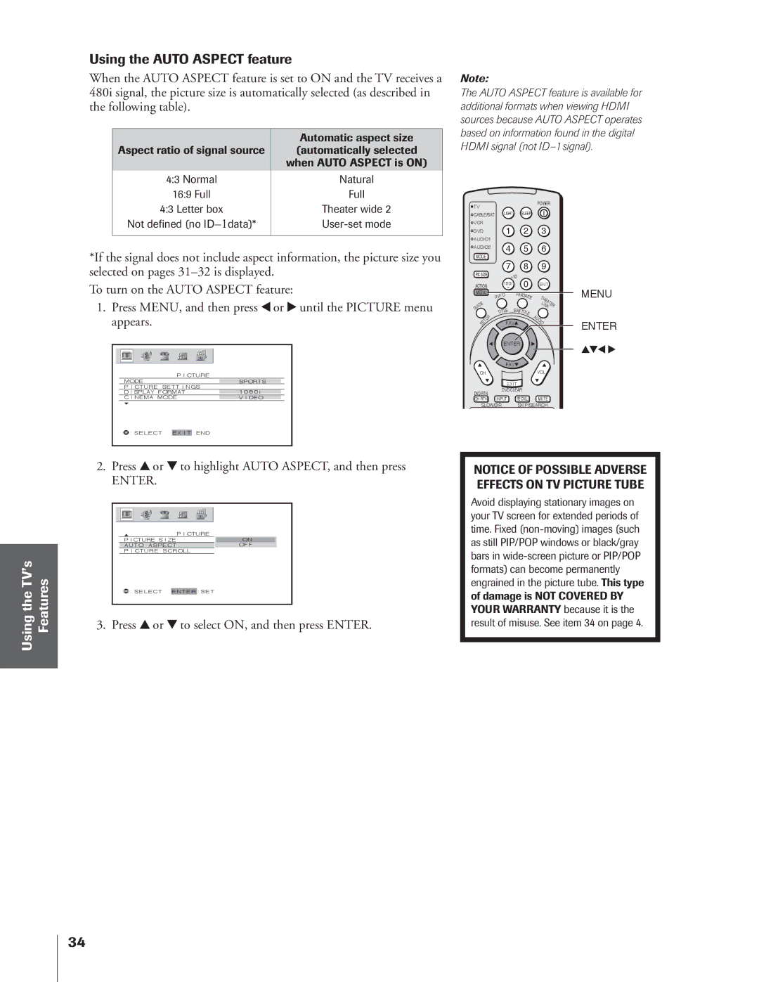 Toshiba 34HFX84 owner manual Using the Auto Aspect feature, Press y or z to highlight Auto ASPECT, and then press 