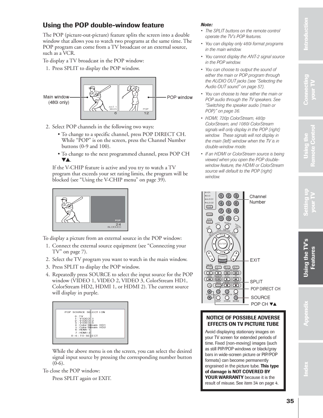 Toshiba 34HFX84 owner manual Using the POP double-window feature, Settingup YourTV UsingtheTV’s Features Appendix 