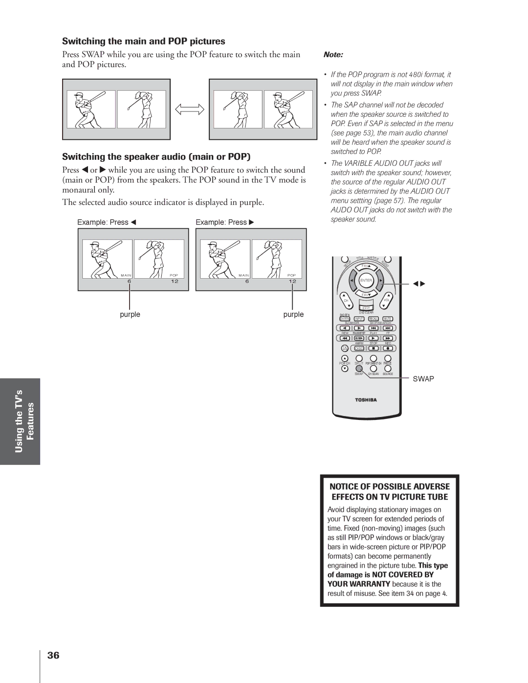 Toshiba 34HFX84 owner manual Switching the main and POP pictures, Switching the speaker audio main or POP 