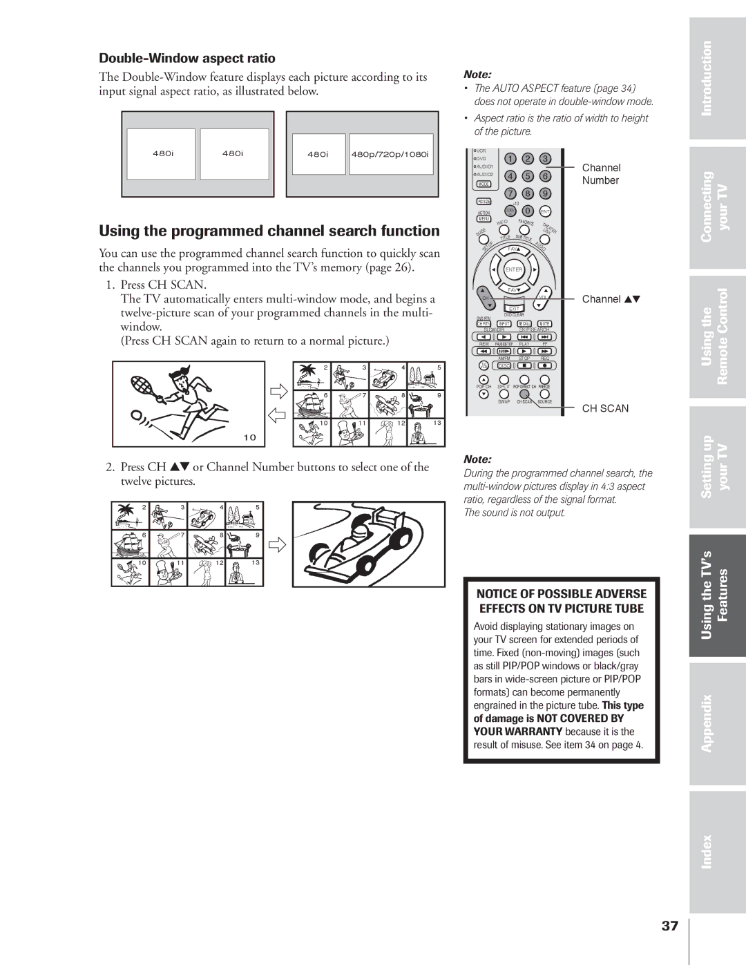 Toshiba 34HFX84 owner manual Using the programmed channel search function, Double-Window aspect ratio 