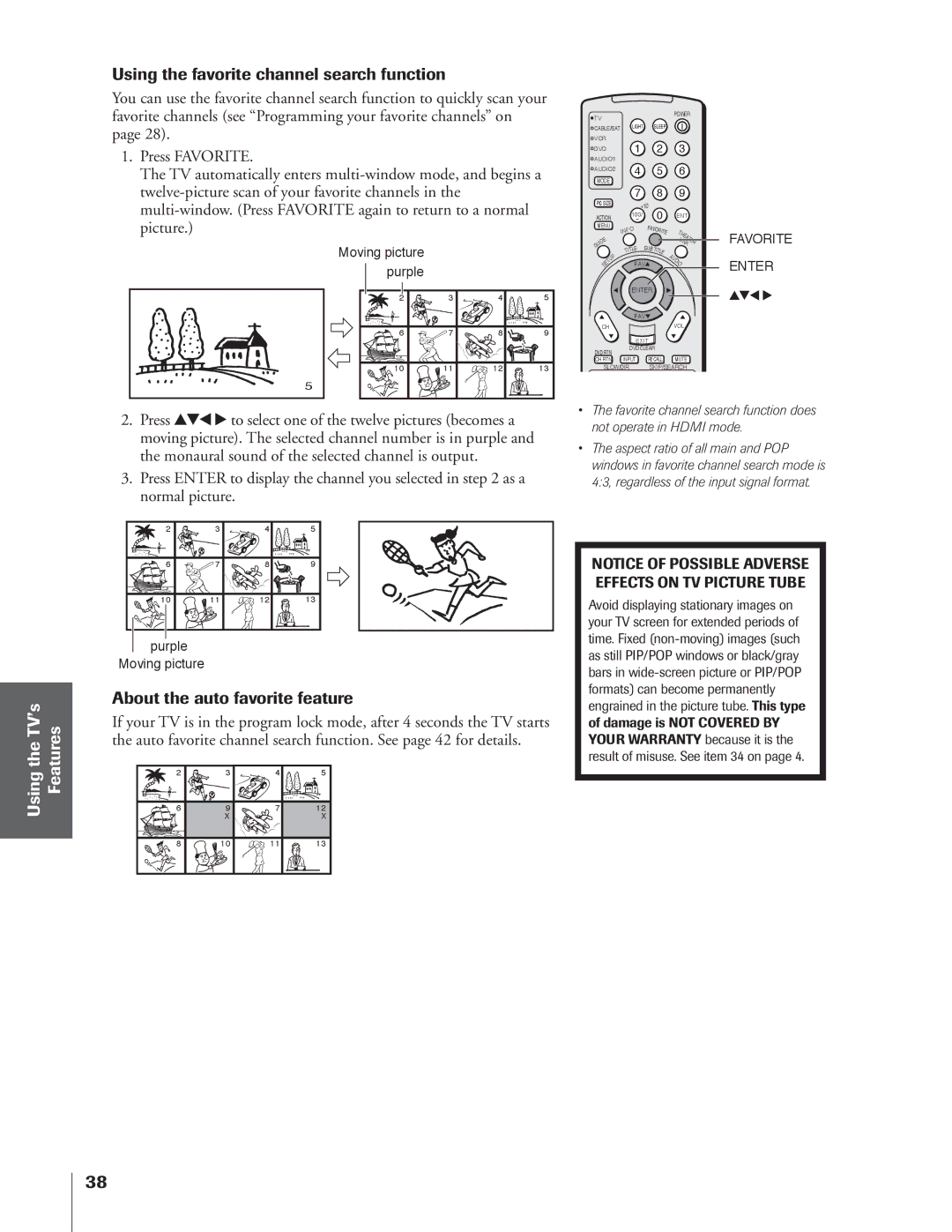 Toshiba 34HFX84 owner manual Using the favorite channel search function, About the auto favorite feature 