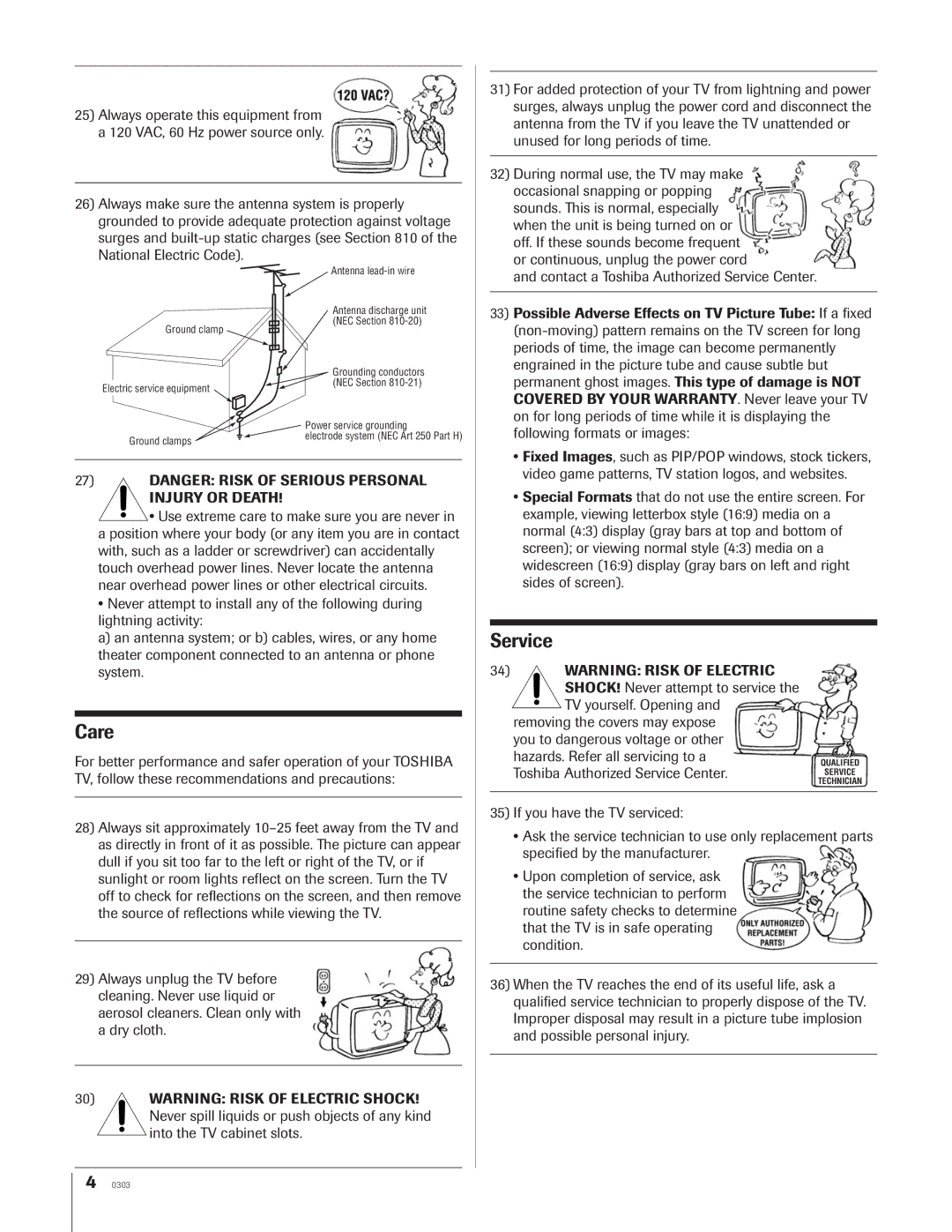 Toshiba 34HFX84 owner manual Service, Care 