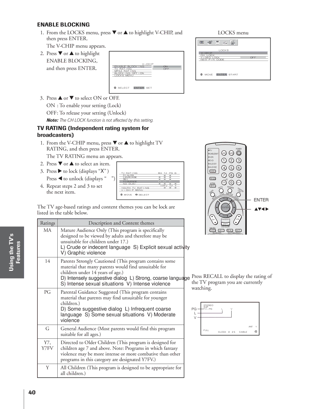 Toshiba 34HFX84 TV Rating Independent rating system for broadcasters, Enable Blocking, OFF To release your setting Unlock 