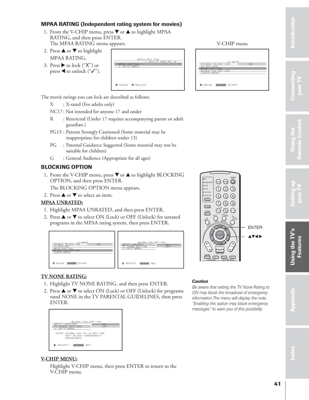 Toshiba 34HFX84 Mpaa Rating Independent rating system for movies, Connecting YourTV Usingthe RemoteControl Settingup 