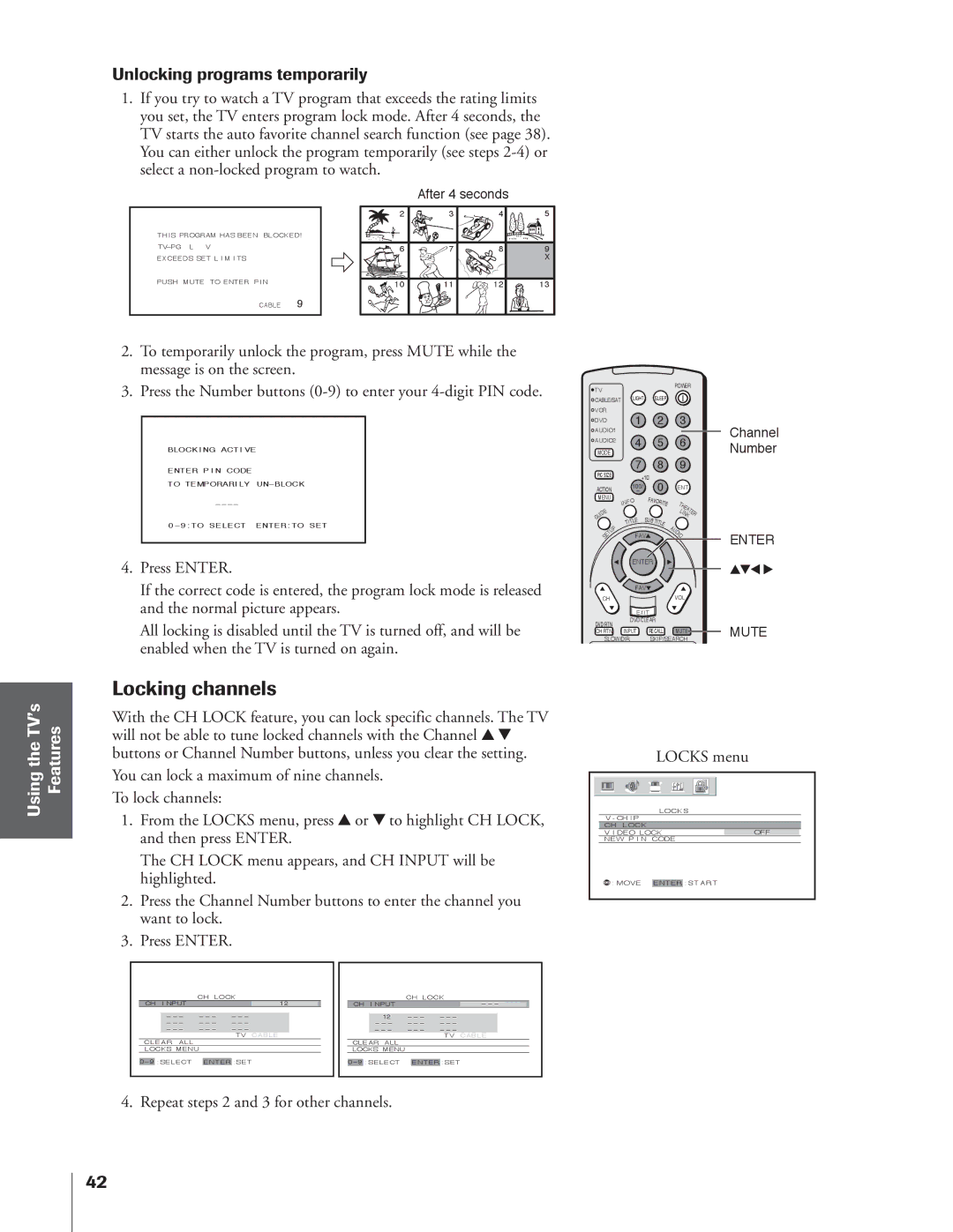 Toshiba 34HFX84 Locking channels, Unlocking programs temporarily, Press Enter, Repeat steps 2 and 3 for other channels 