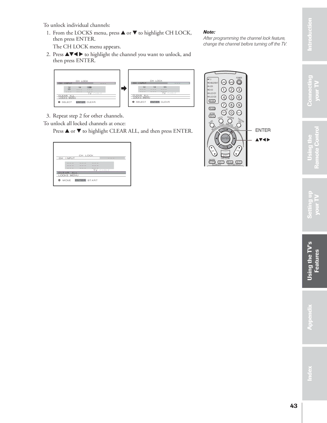 Toshiba 34HFX84 owner manual Press y or z to highlight Clear ALL, and then press Enter 