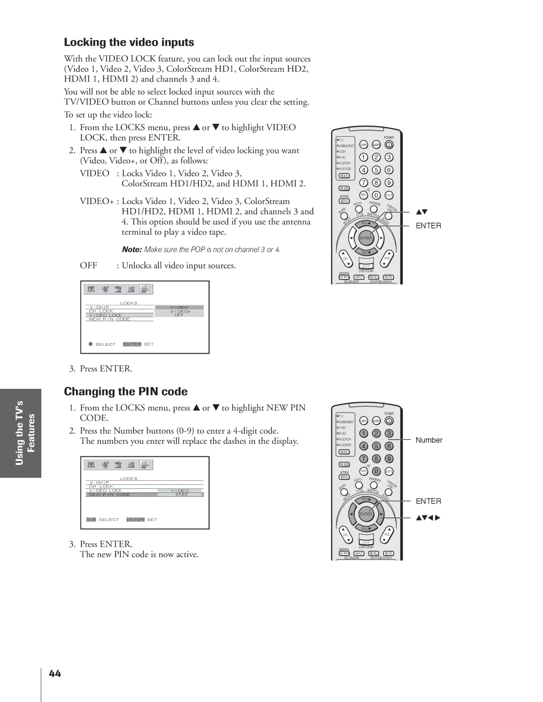 Toshiba 34HFX84 owner manual Locking the video inputs, Changing the PIN code, Off, Press Enter New PIN code is now active 