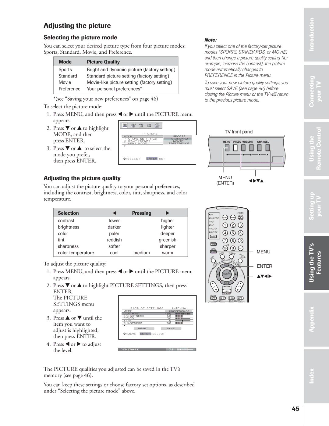 Toshiba 34HFX84 owner manual Adjusting the picture, Introduction Connecting YourTV, Usingthe RemoteControl 