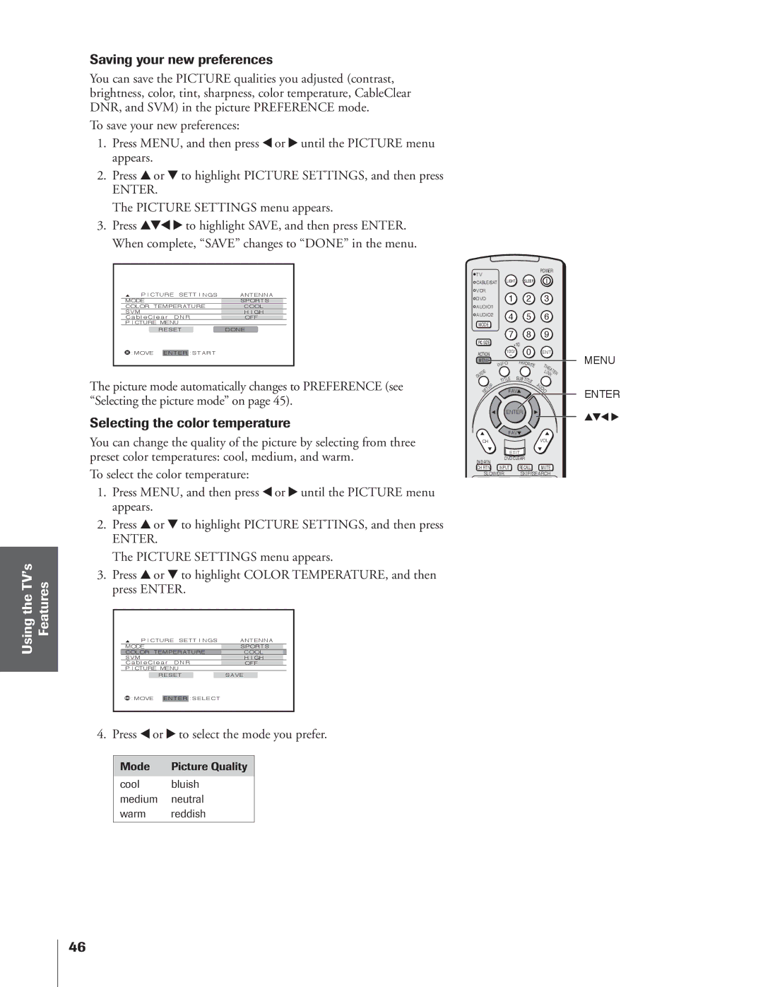 Toshiba 34HFX84 owner manual Saving your new preferences, Selecting the color temperature, Picture Settings menu appears 