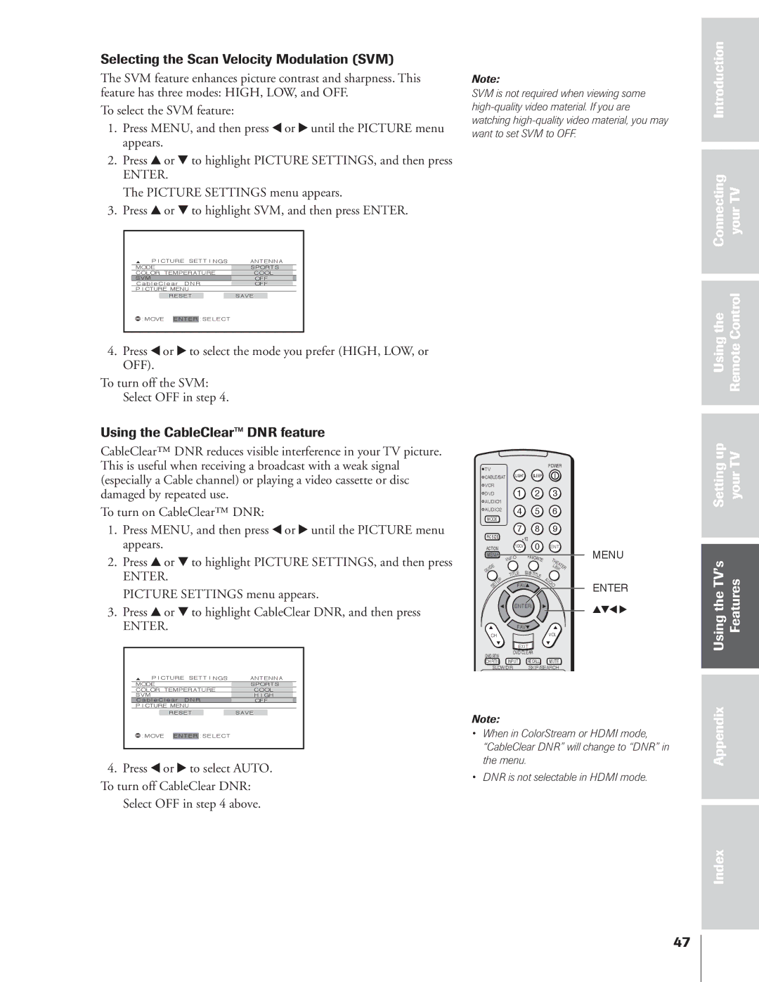 Toshiba 34HFX84 owner manual Selecting the Scan Velocity Modulation SVM, Using the CableClear DNR feature 