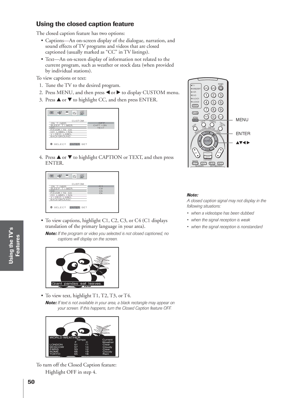 Toshiba 34HFX84 owner manual Using the closed caption feature, Press y or z to highlight Caption or TEXT, and then press 