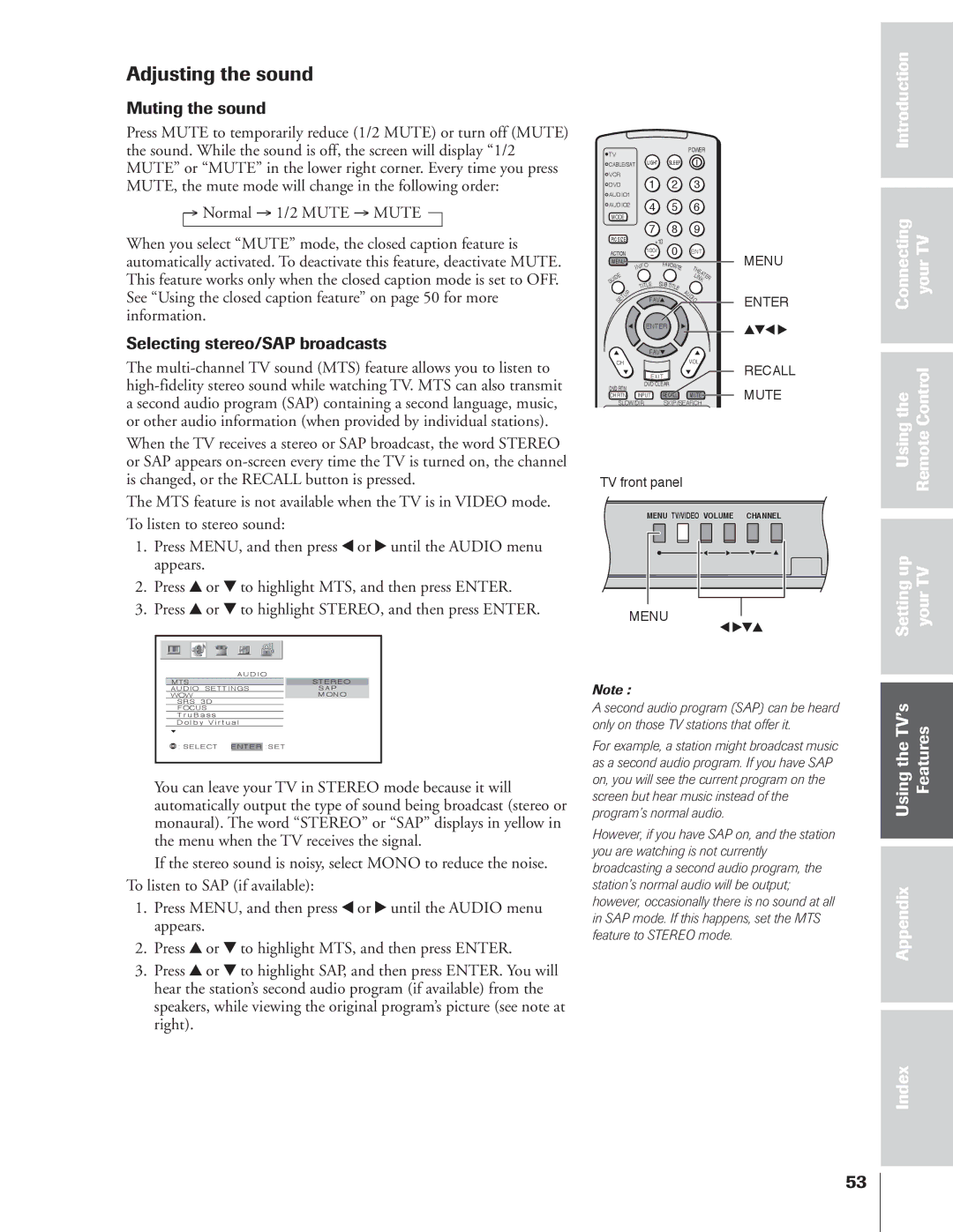 Toshiba 34HFX84 Adjusting the sound, Muting the sound, Selecting stereo/SAP broadcasts, Usingthe Remote Settingup YourTV 