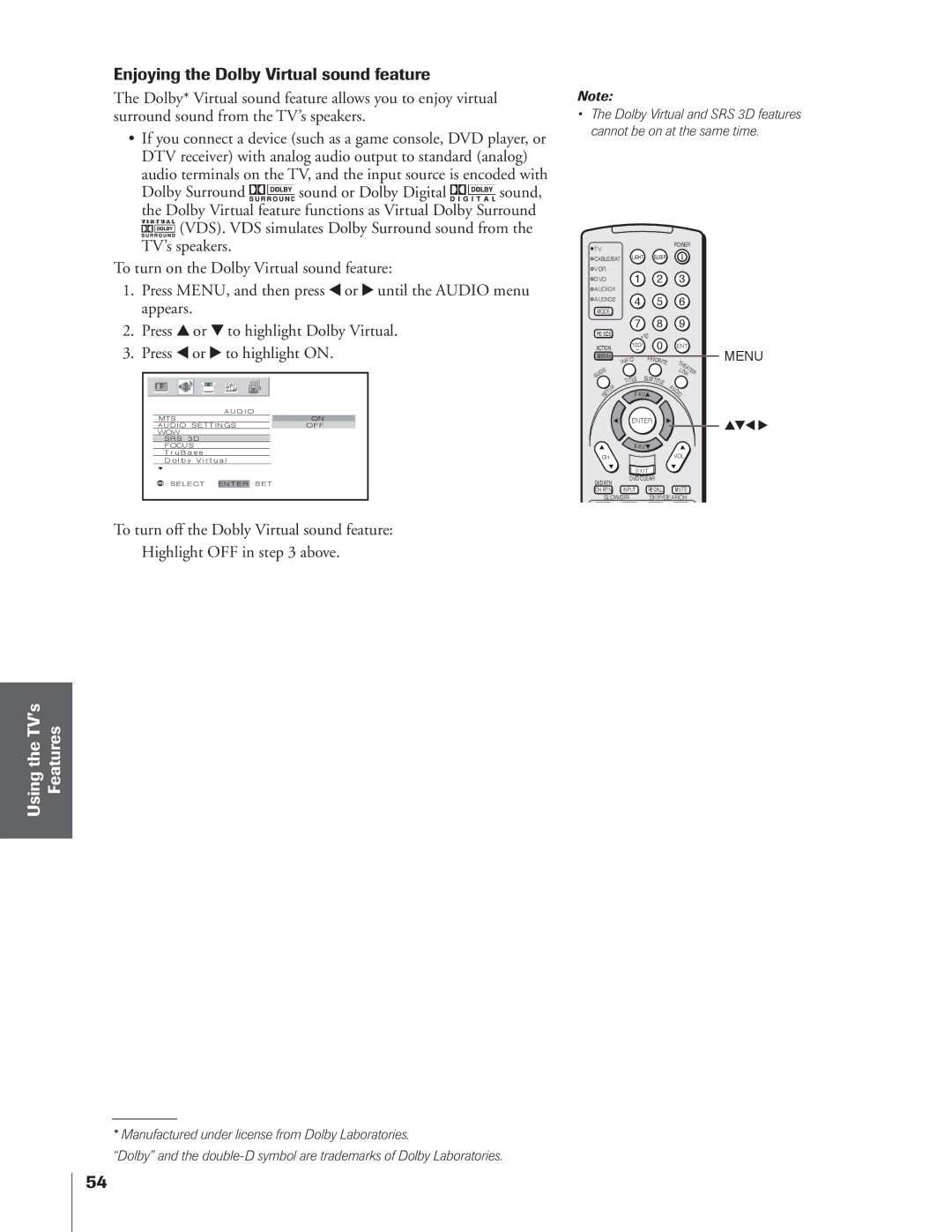 Toshiba 34HFX84 owner manual Enjoying the Dolby Virtual sound feature, Features 