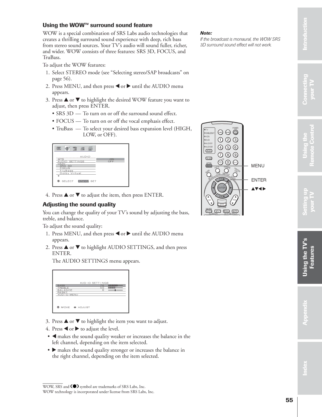 Toshiba 34HFX84 owner manual Using the WOW surround sound feature, Adjusting the sound quality, Audio Settings menu appears 