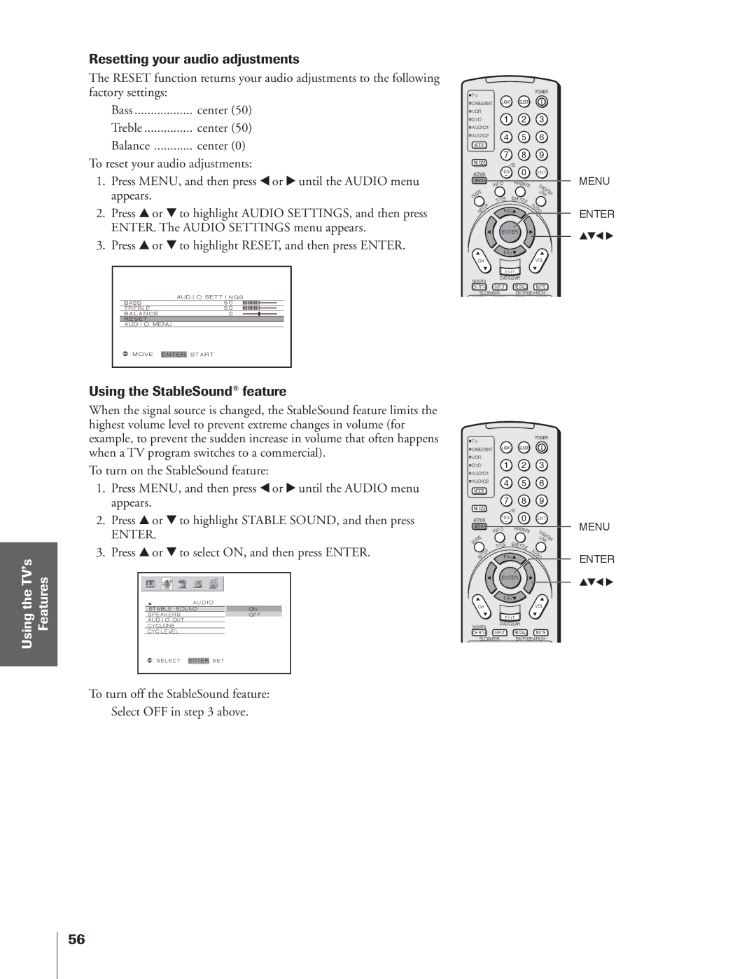 Toshiba 34HFX84 owner manual Resetting your audio adjustments, Using the StableSound feature, Center 