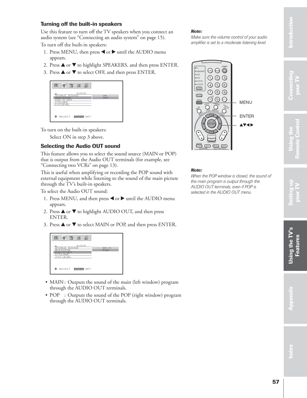 Toshiba 34HFX84 owner manual Turning off the built-in speakers, Connecting Your Control, Selecting the Audio OUT sound 