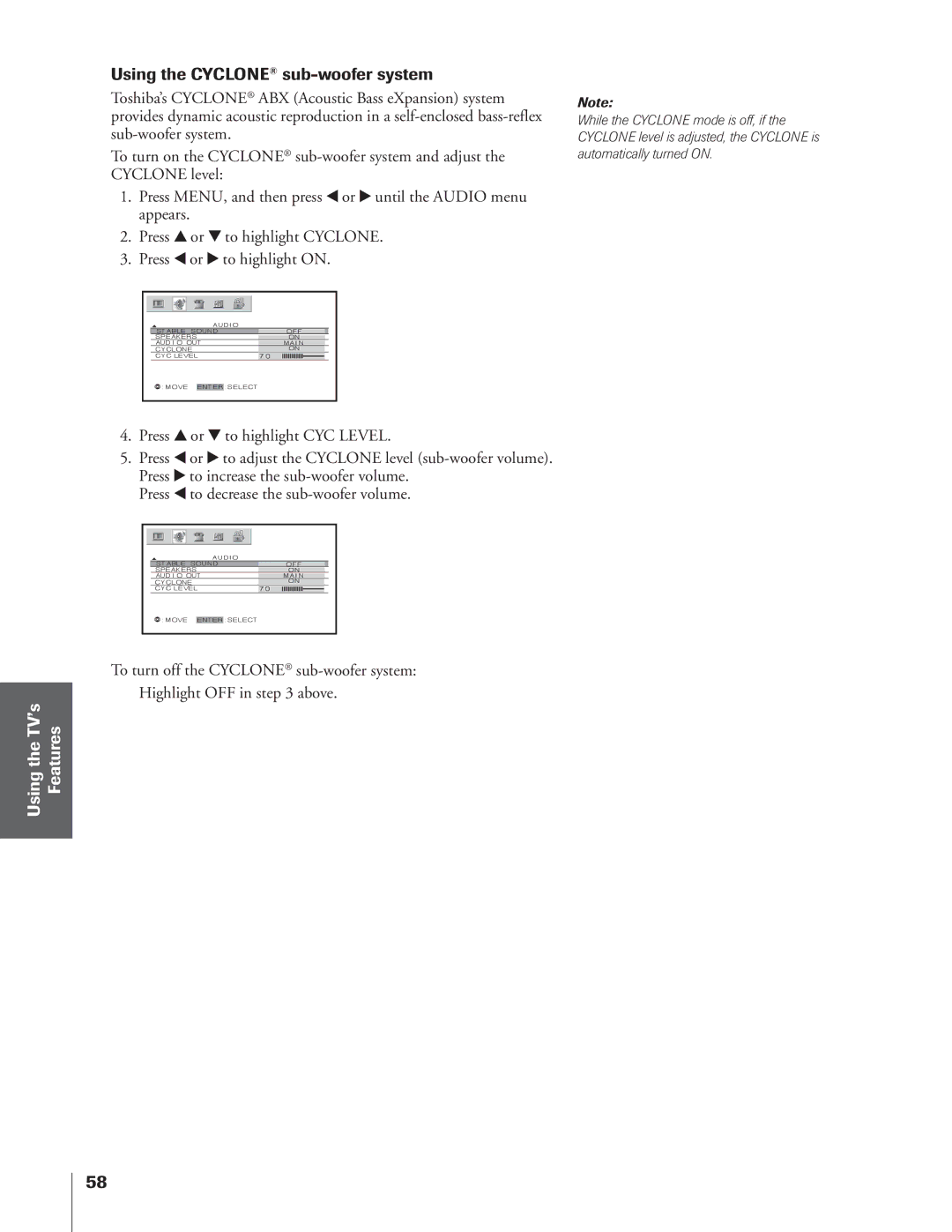 Toshiba 34HFX84 owner manual Using the Cyclone sub-woofer system 