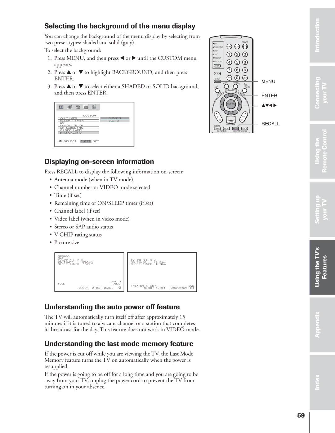 Toshiba 34HFX84 owner manual Selecting the background of the menu display, Displaying on-screen information 