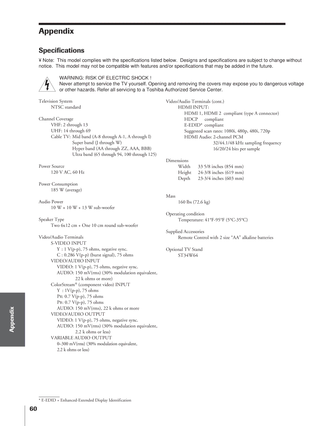 Toshiba 34HFX84 owner manual Appendix, Specifications 