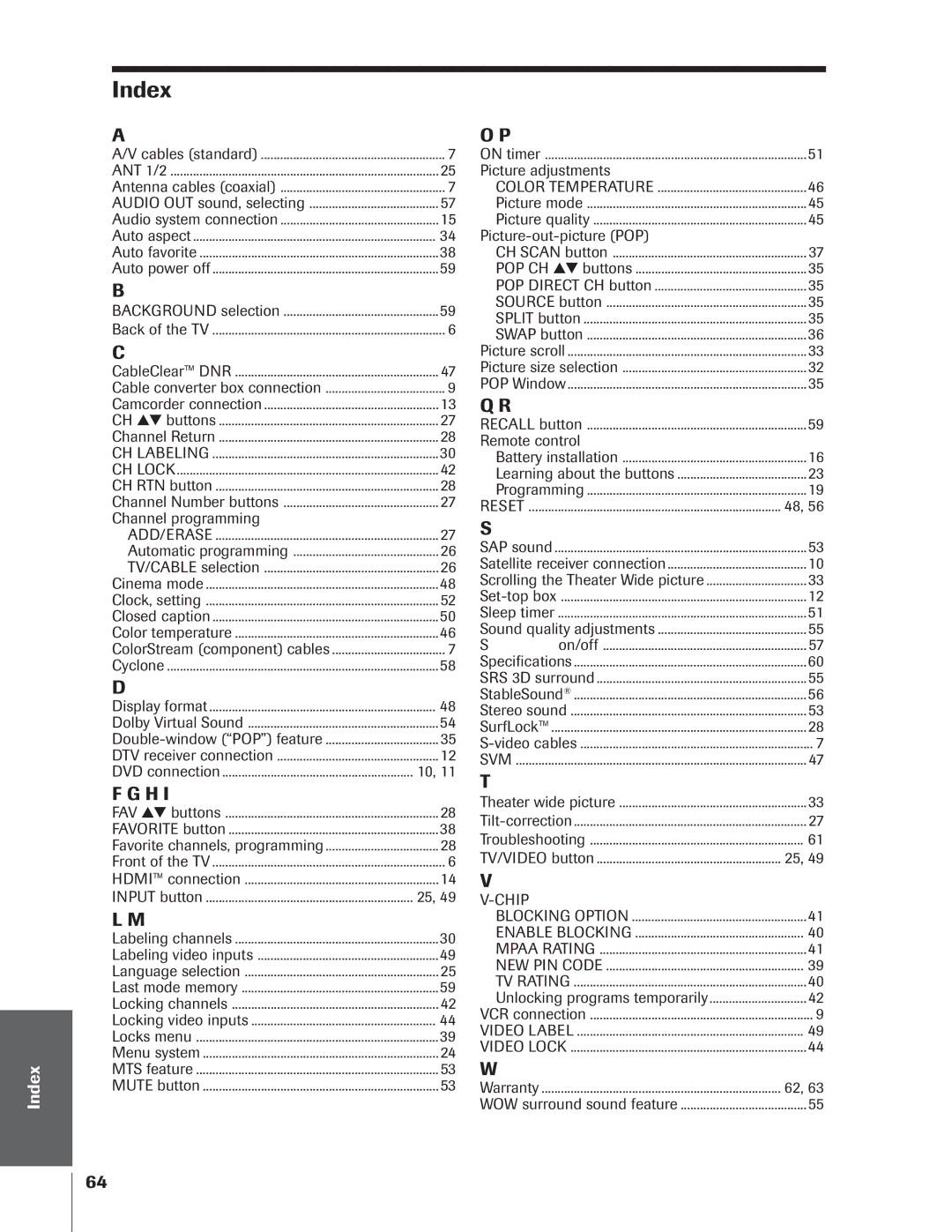 Toshiba 34HFX84 owner manual Index 