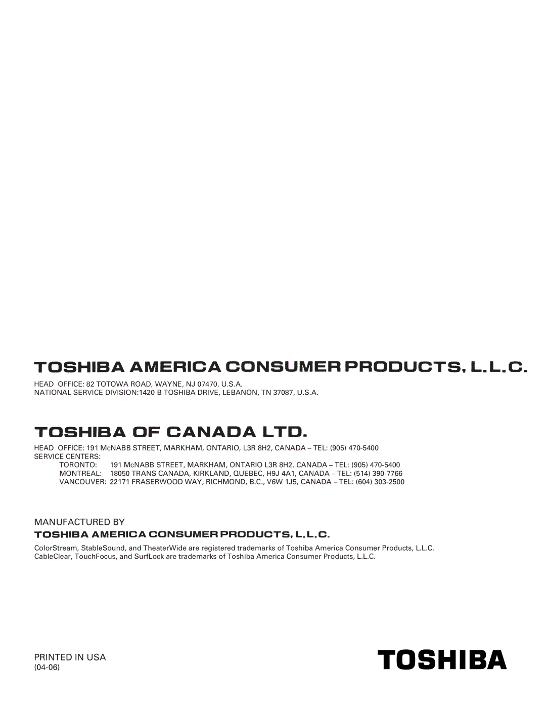 Toshiba 34HFX84 owner manual Manufactured by 