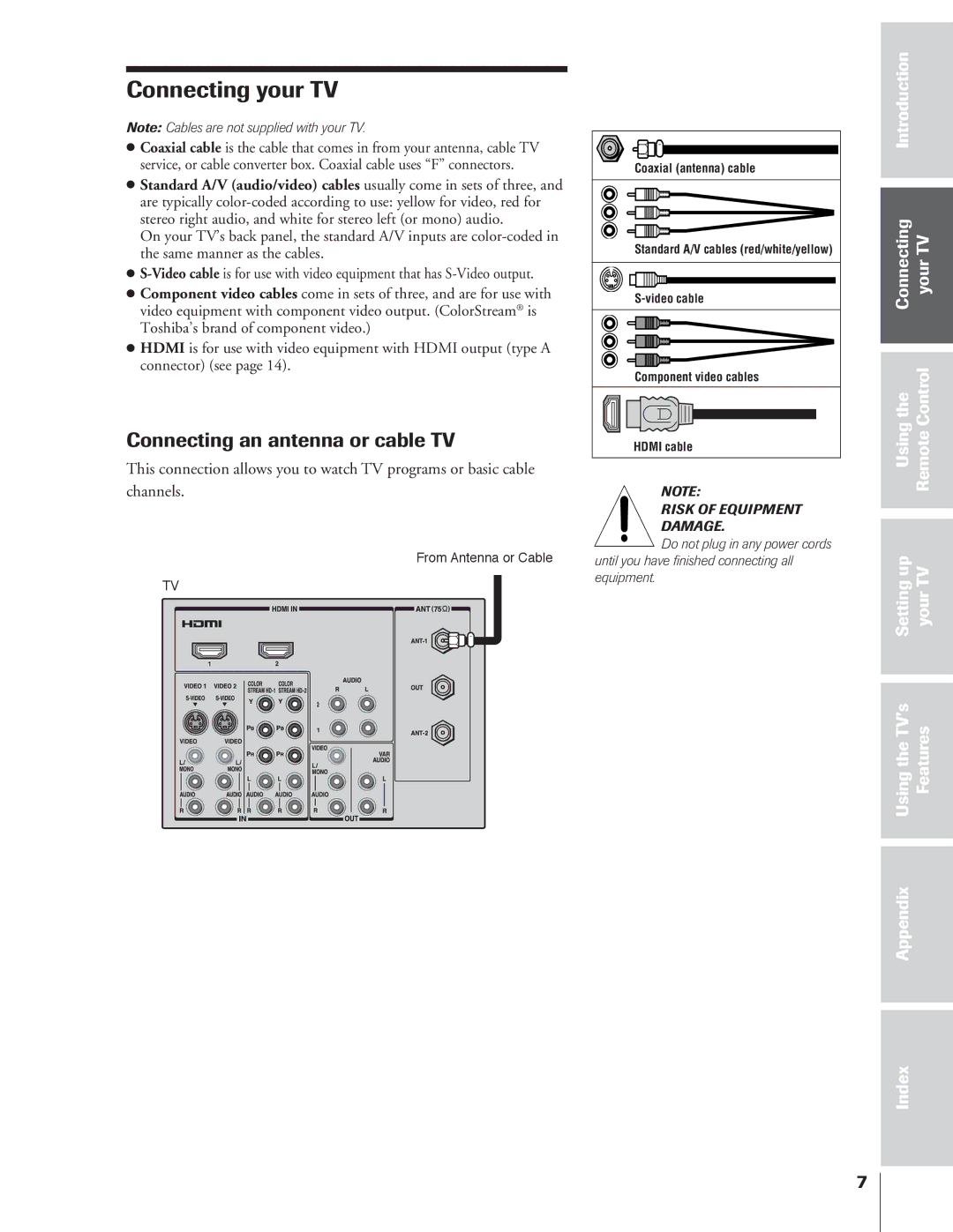 Toshiba 34HFX84 owner manual Connecting an antenna or cable TV, Appendix Index 