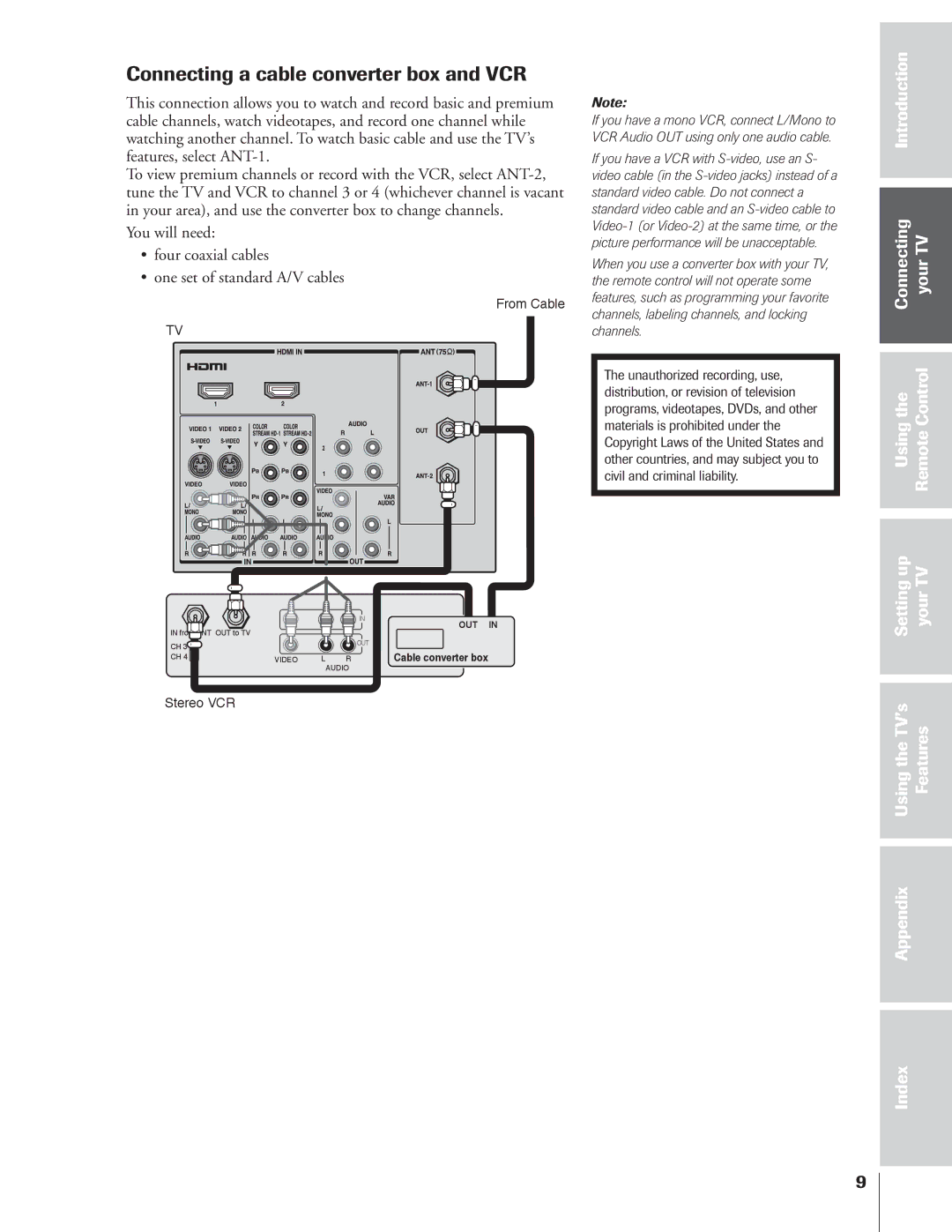 Toshiba 34HFX84 owner manual Connecting a cable converter box and VCR, UsingtheTV’s Features 