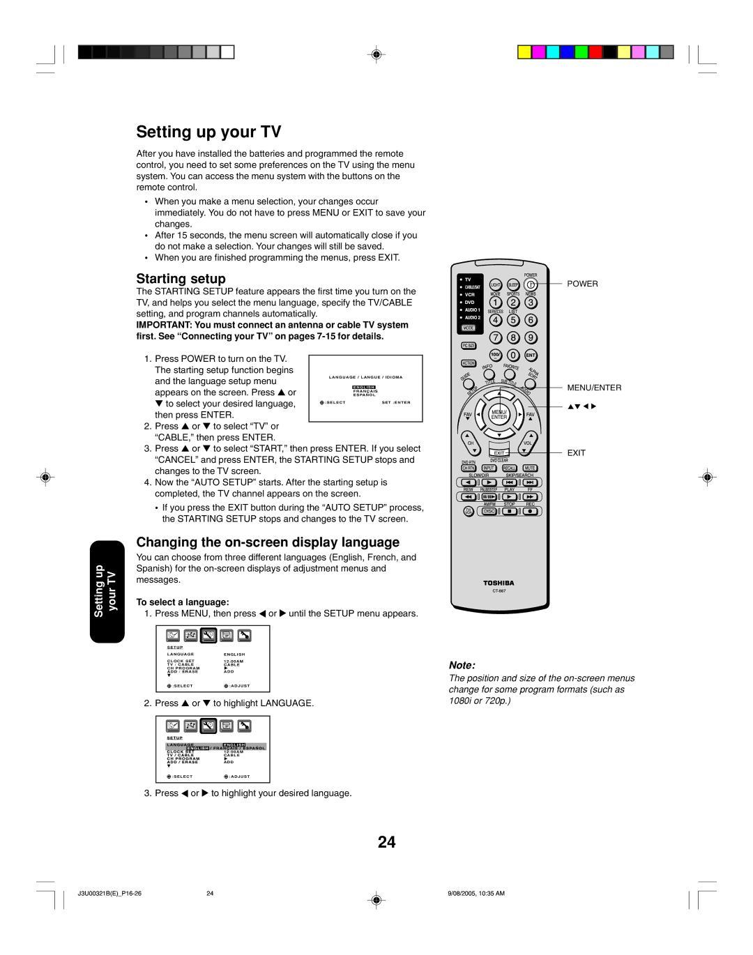 Toshiba 34HFX85 appendix Setting up your TV, Starting setup, Changing the on-screen display language 