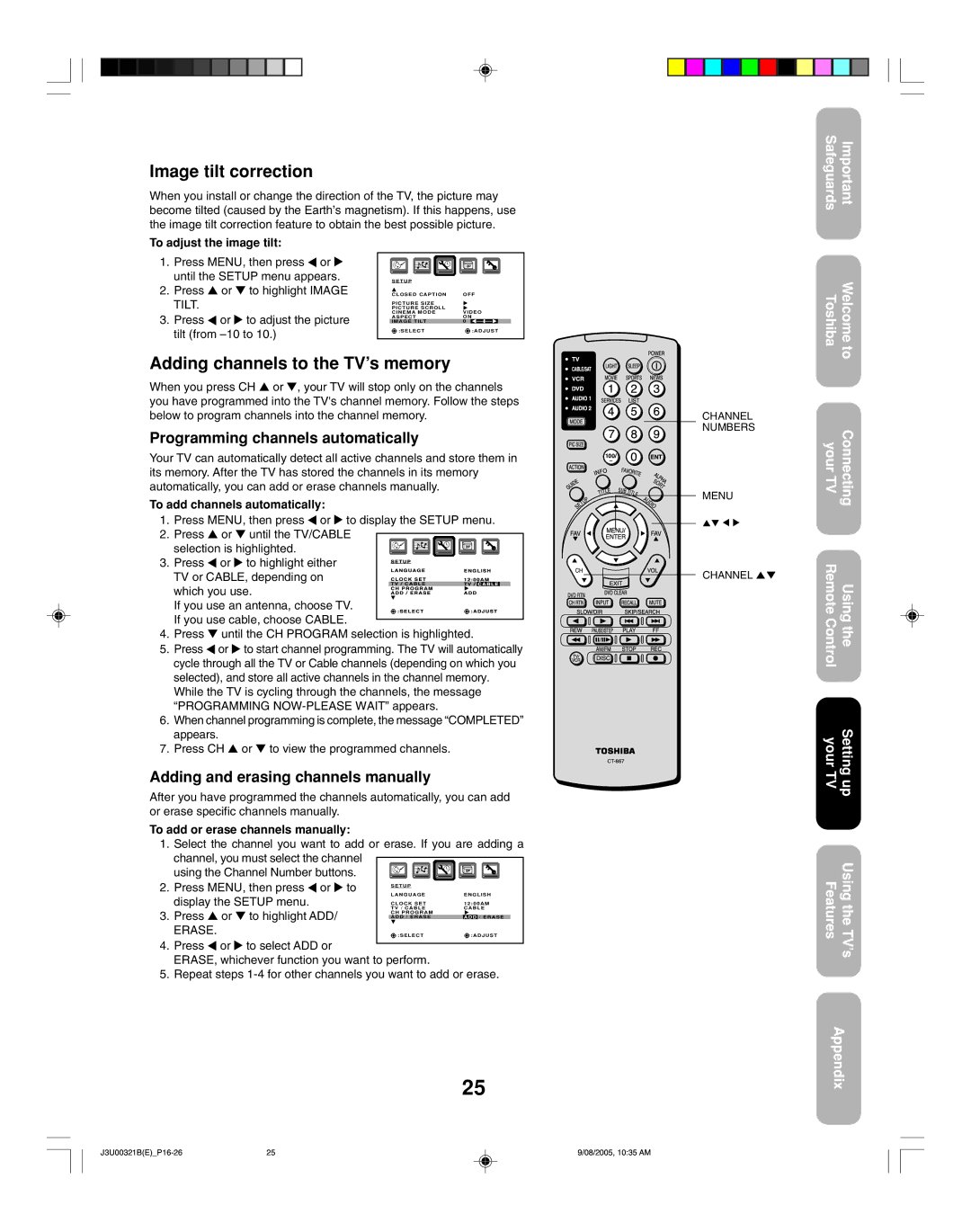 Toshiba 34HFX85 appendix Image tilt correction, Adding channels to the TV’s memory, Programming channels automatically 