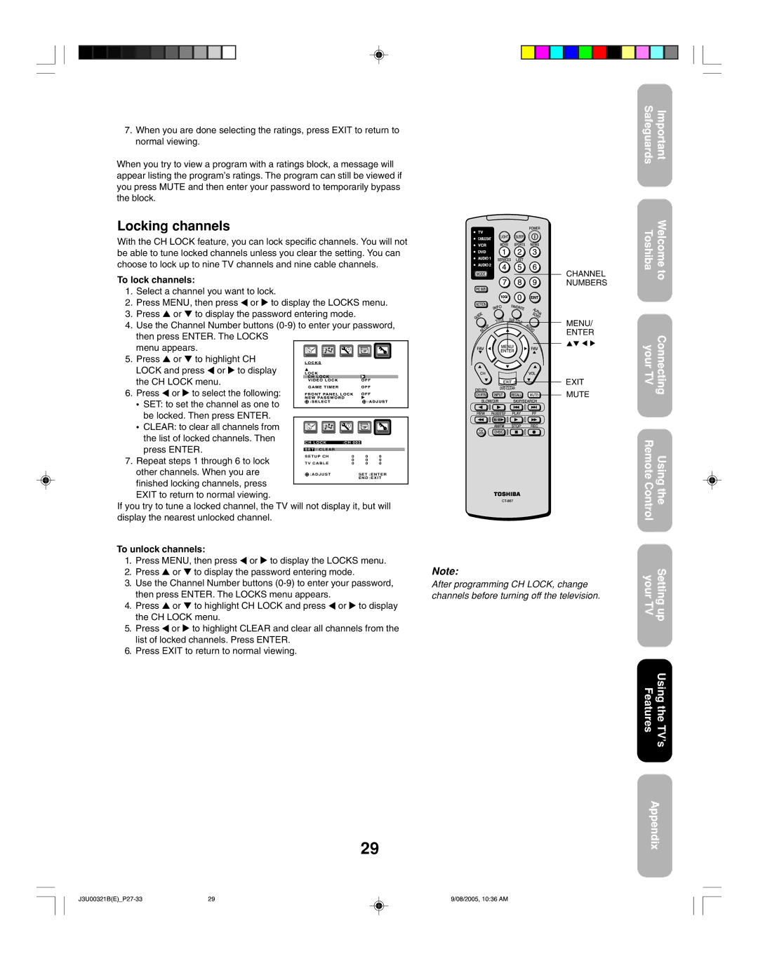 Toshiba 34HFX85 Locking channels, To lock channels, Press Enter . Repeat steps 1 through 6 to lock, To unlock channels 