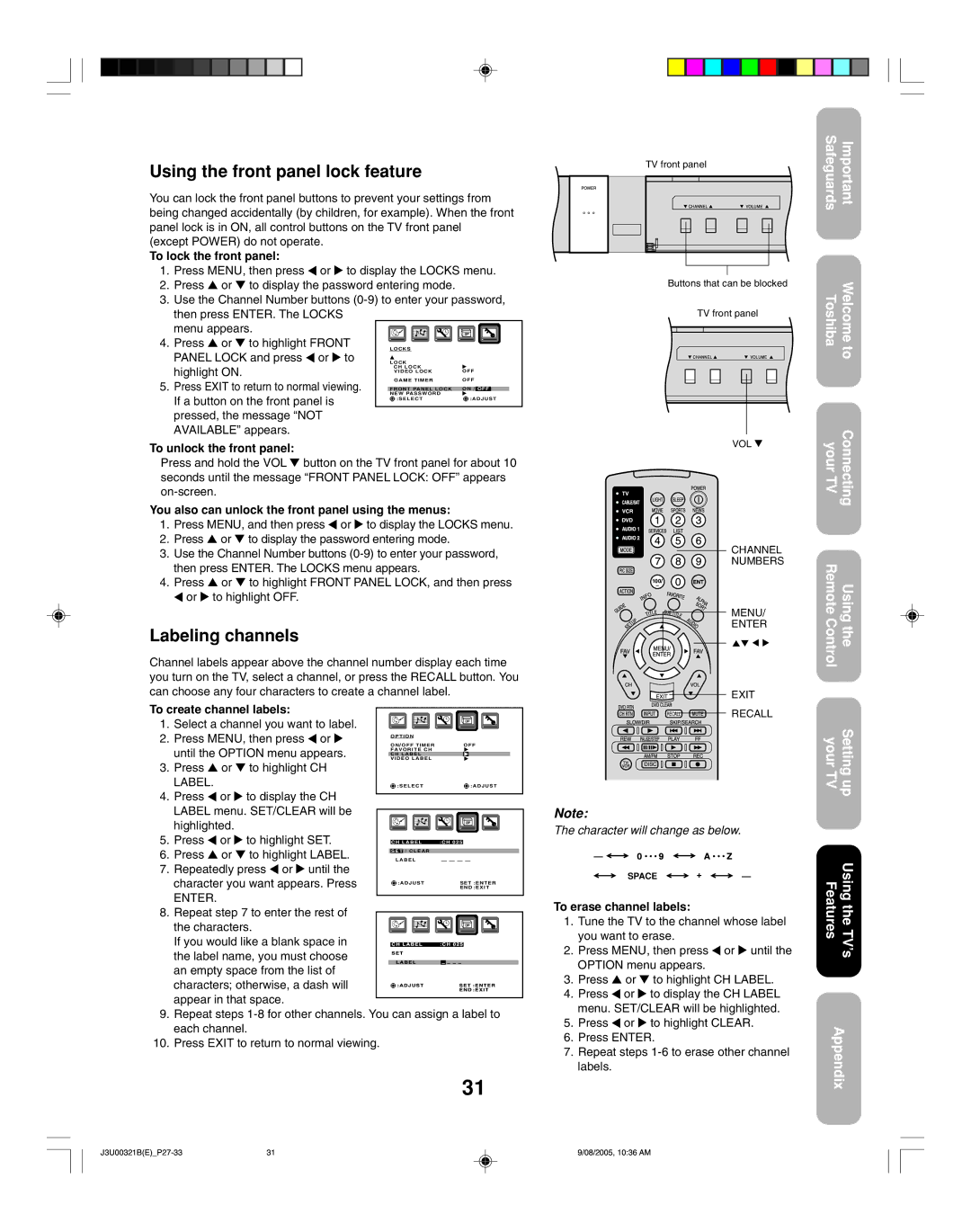 Toshiba 34HFX85 appendix Using the front panel lock feature, Labeling channels 