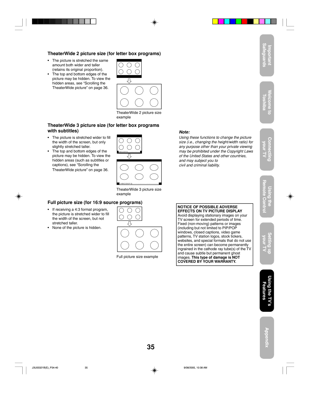 Toshiba 34HFX85 appendix TheaterWide 2 picture size for letter box programs, Full picture size for 169 source programs 