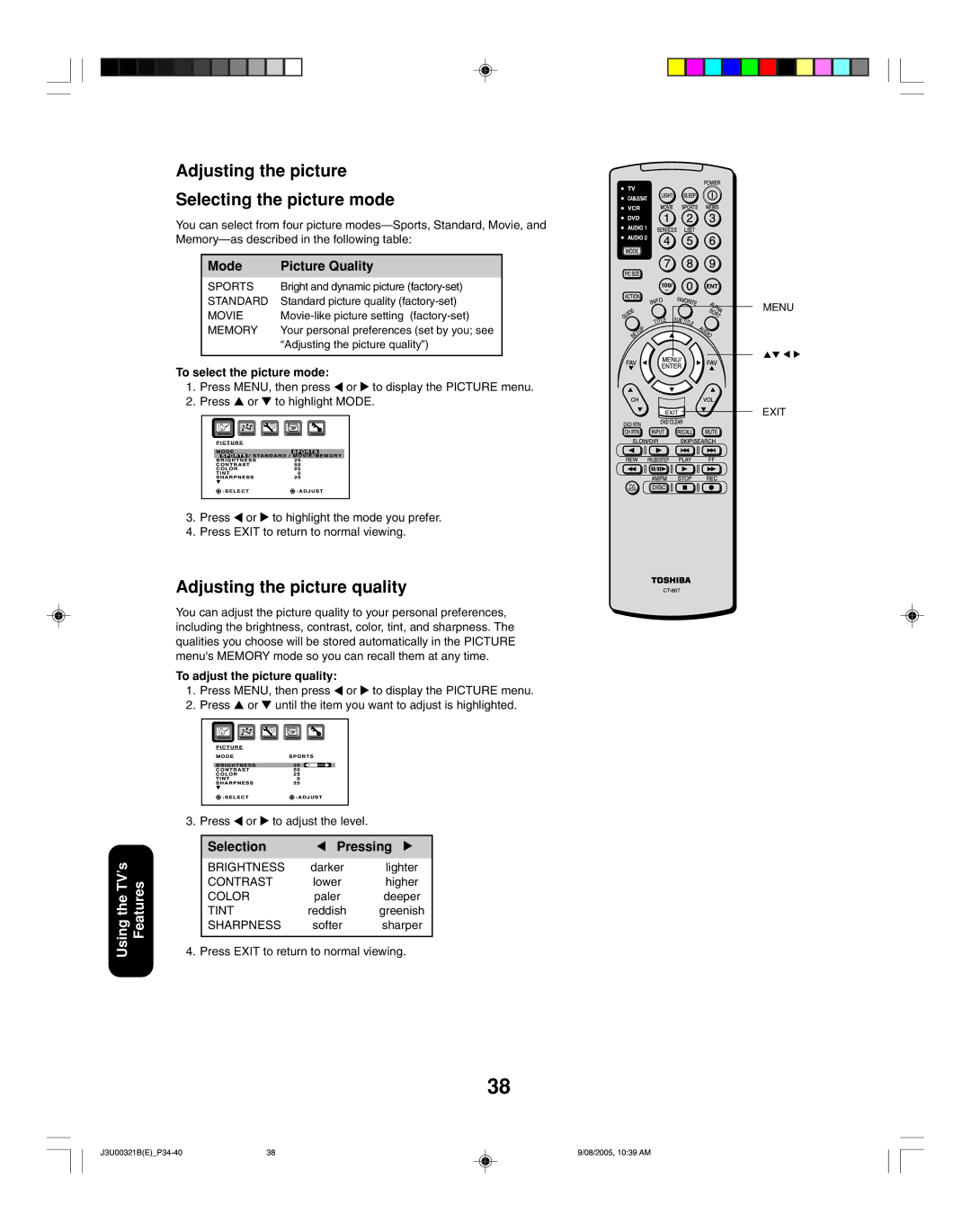 Toshiba 34HFX85 appendix Adjusting the picture Selecting the picture mode, Adjusting the picture quality 