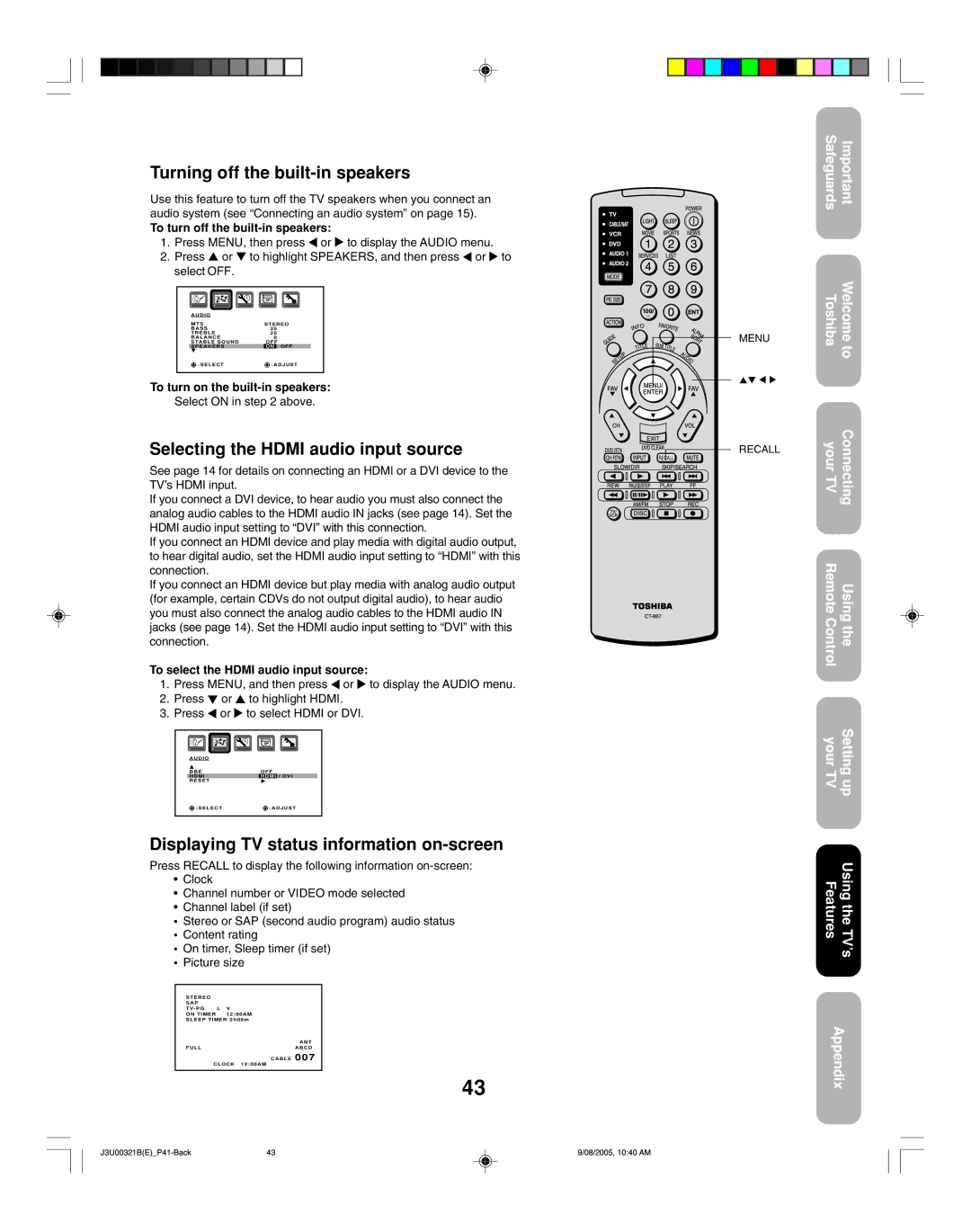 Toshiba 34HFX85 appendix Turning off the built-in speakers, Selecting the Hdmi audio input source 