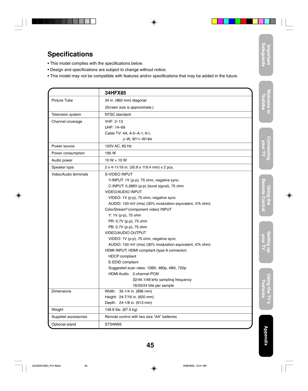 Toshiba 34HFX85 appendix Specifications 