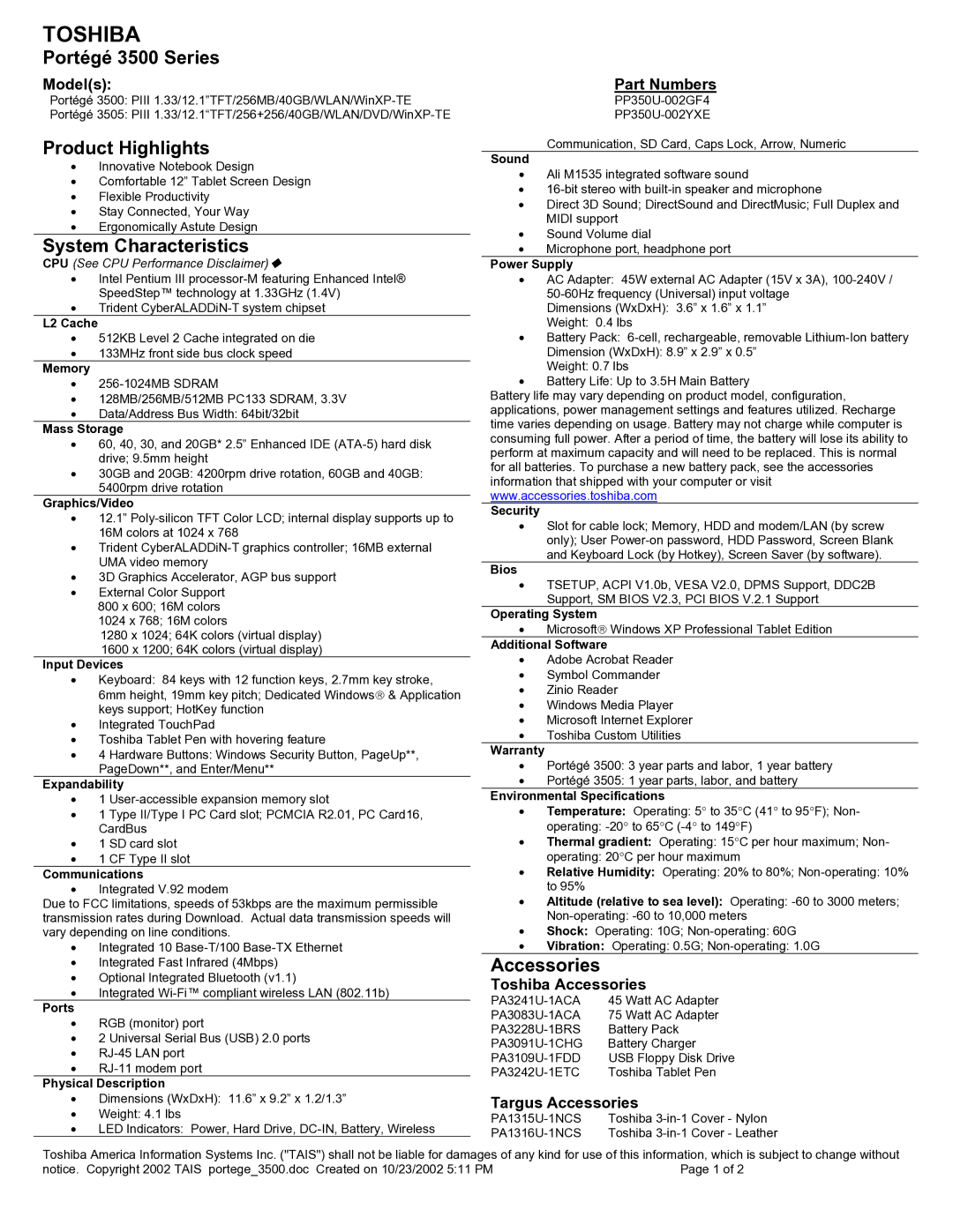 Toshiba dimensions Portégé 3500 Series, Product Highlights, System Characteristics, Accessories 