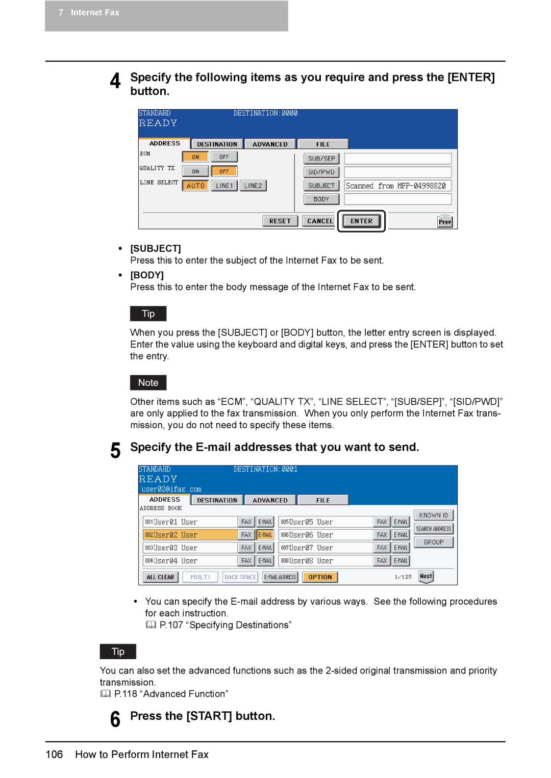 Toshiba 3500C, 2500C, 3510C manual Specify the E-mail addresses that you want to send, Press the Start button, Subject, Body 