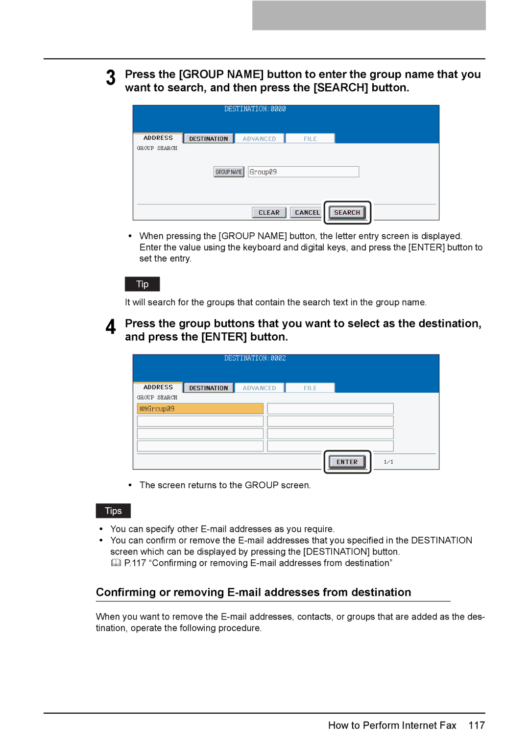 Toshiba 3510C, 3500C, 2500C manual Confirming or removing E-mail addresses from destination 