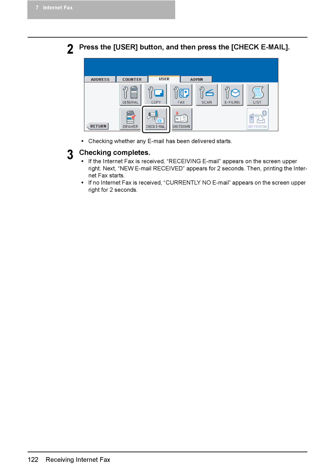 Toshiba 2500C, 3500C, 3510C manual Press the User button, and then press the Check E-MAIL, Checking completes 