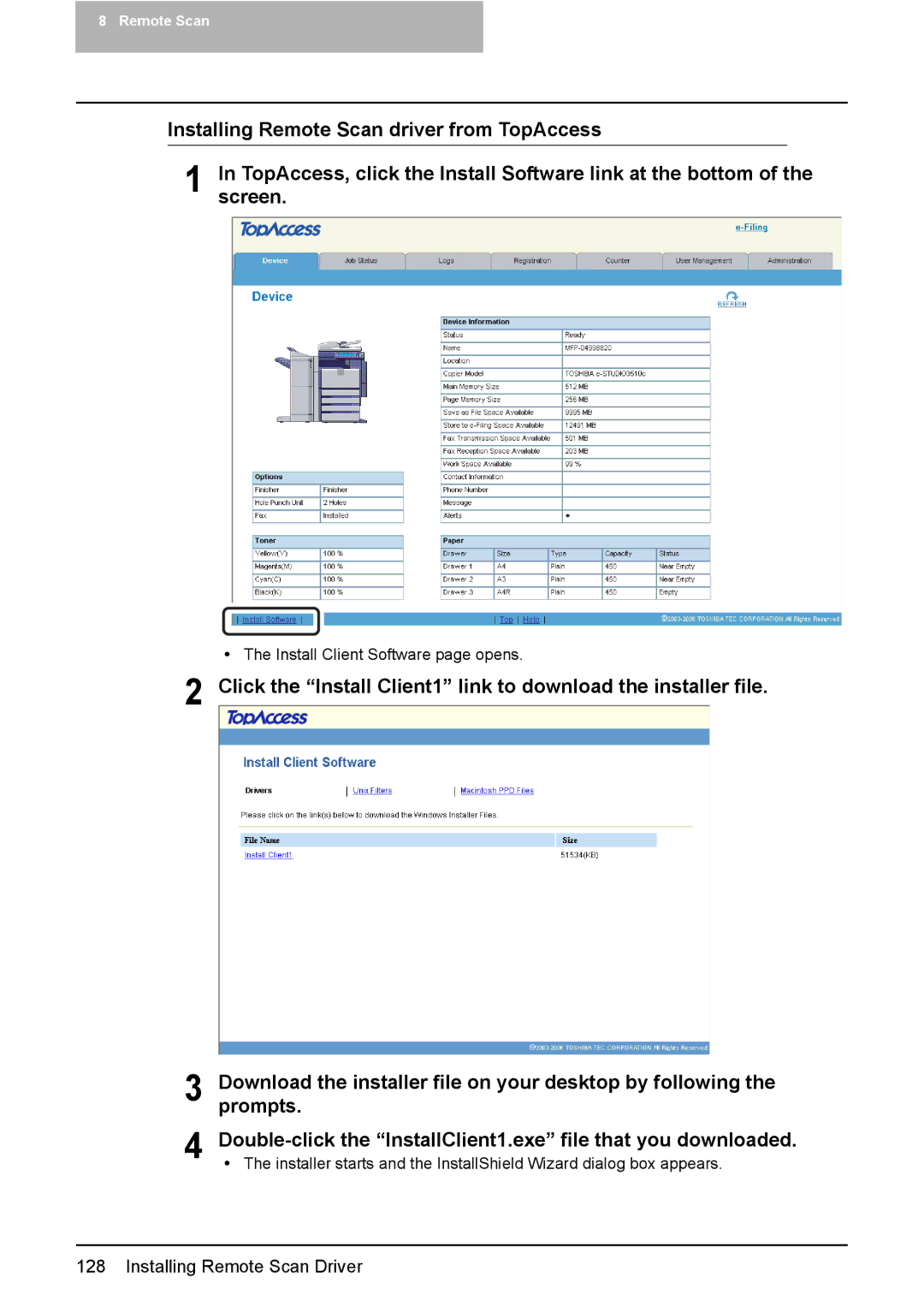 Toshiba 2500C, 3500C, 3510C manual Install Client Software page opens 