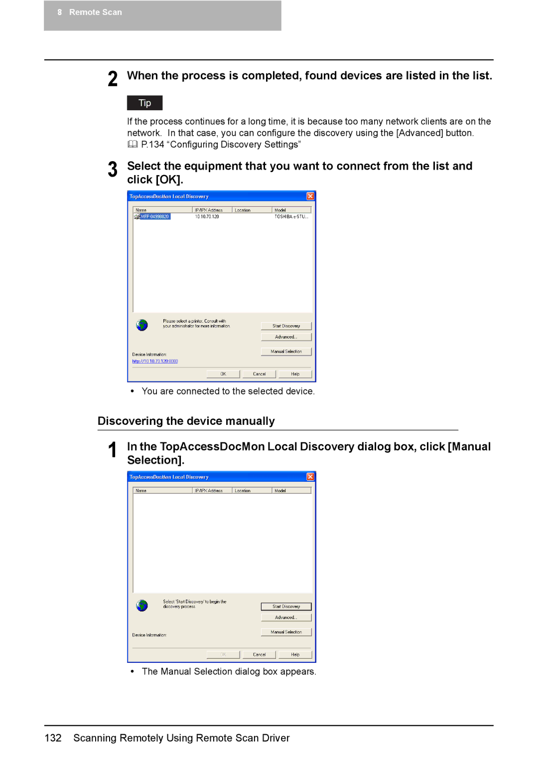 Toshiba 3510C, 3500C Discovering the device manually, Selection, TopAccessDocMon Local Discovery dialog box, click Manual 