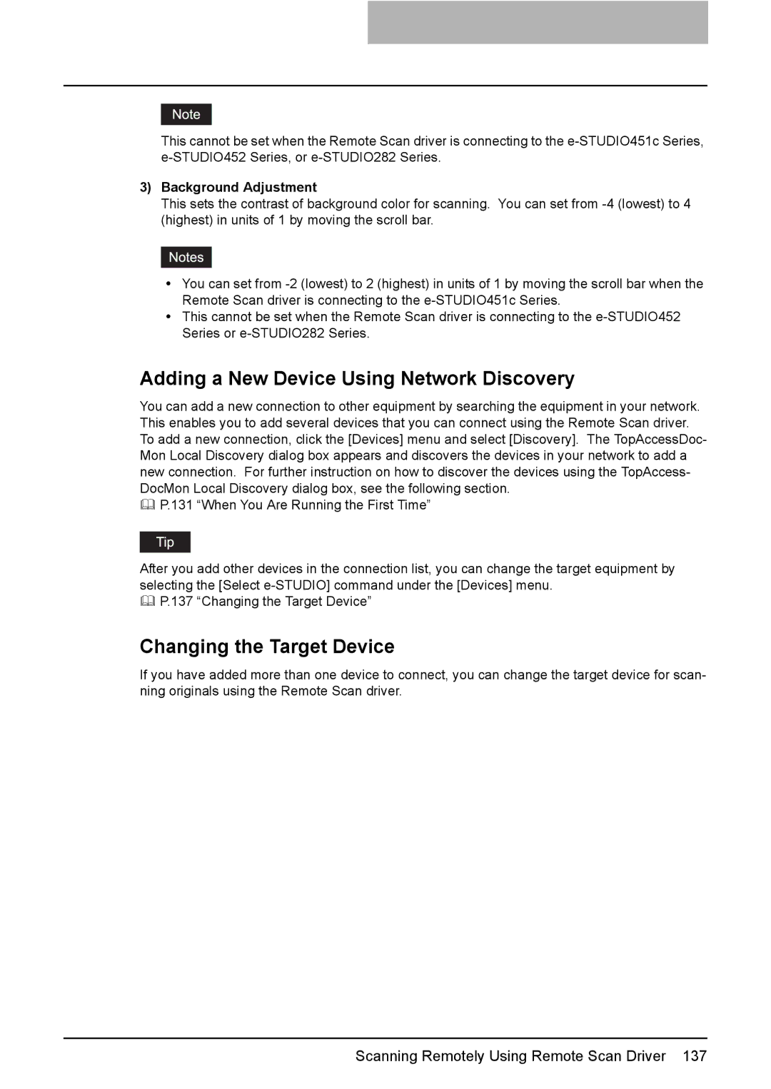 Toshiba 2500C, 3500C, 3510C manual Adding a New Device Using Network Discovery, Changing the Target Device 