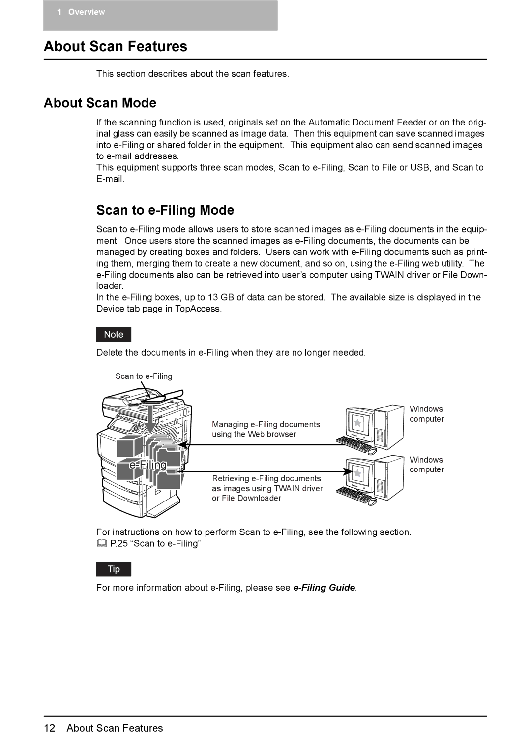 Toshiba 3510C, 3500C, 2500C manual About Scan Features, About Scan Mode, Scan to e-Filing Mode 