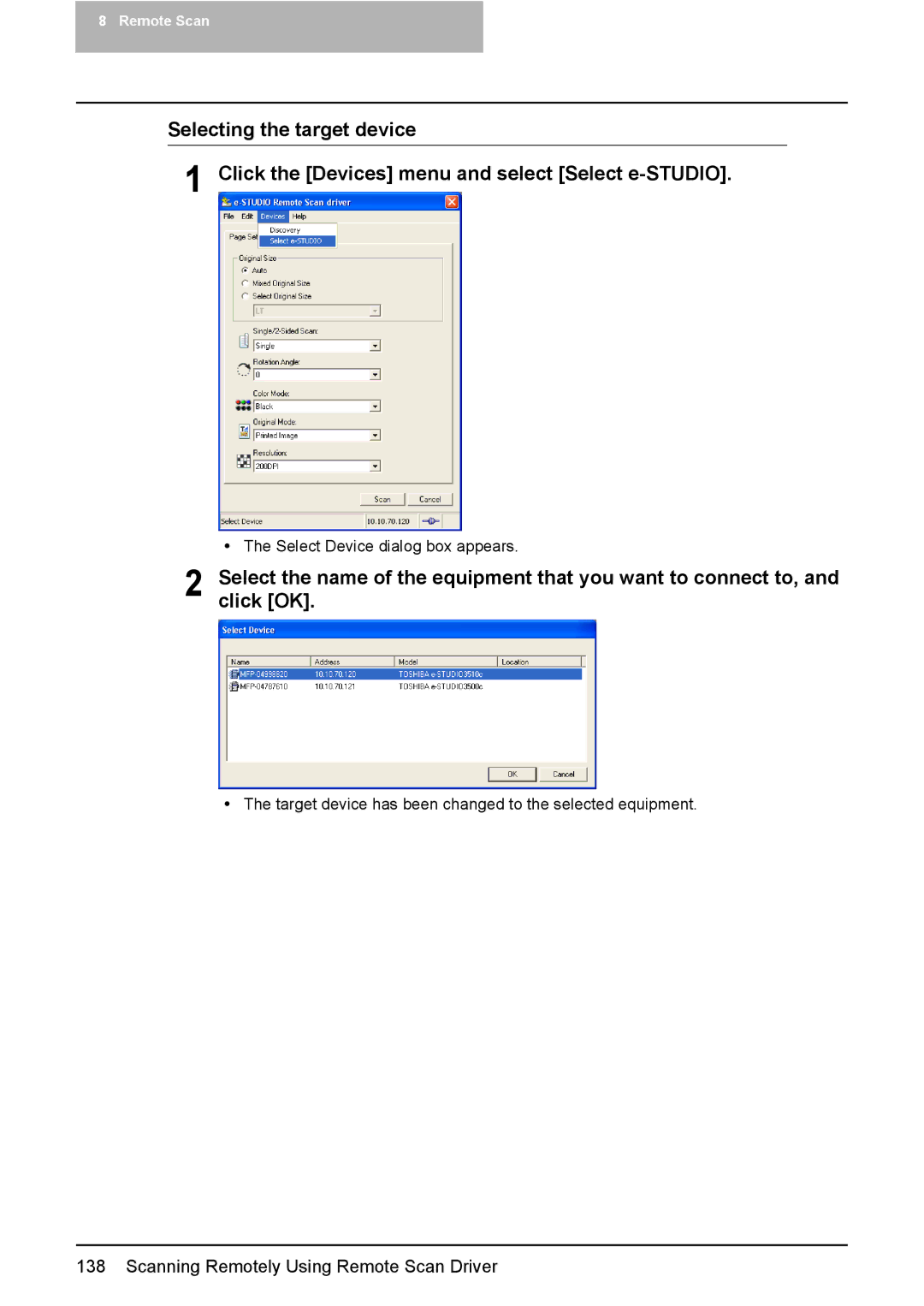 Toshiba 3510C, 3500C, 2500C manual Select Device dialog box appears 