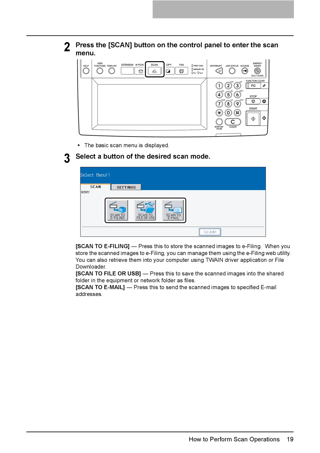 Toshiba 3500C, 2500C, 3510C manual Basic scan menu is displayed 