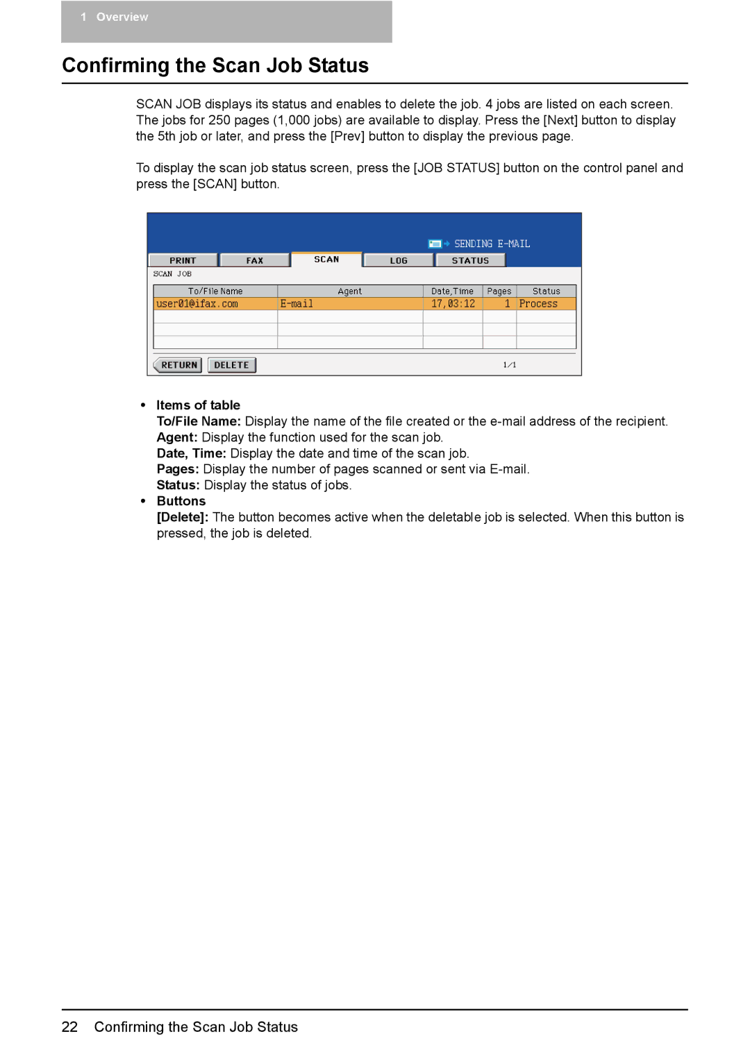 Toshiba 3500C, 2500C, 3510C manual Confirming the Scan Job Status, Items of table, Buttons 