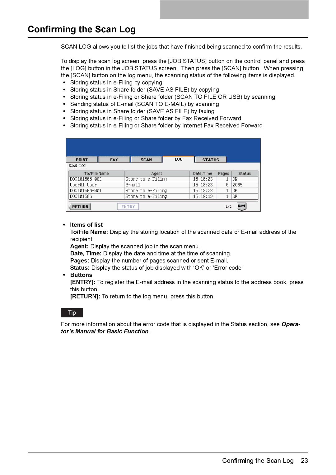 Toshiba 2500C, 3500C, 3510C manual Confirming the Scan Log, Items of list 