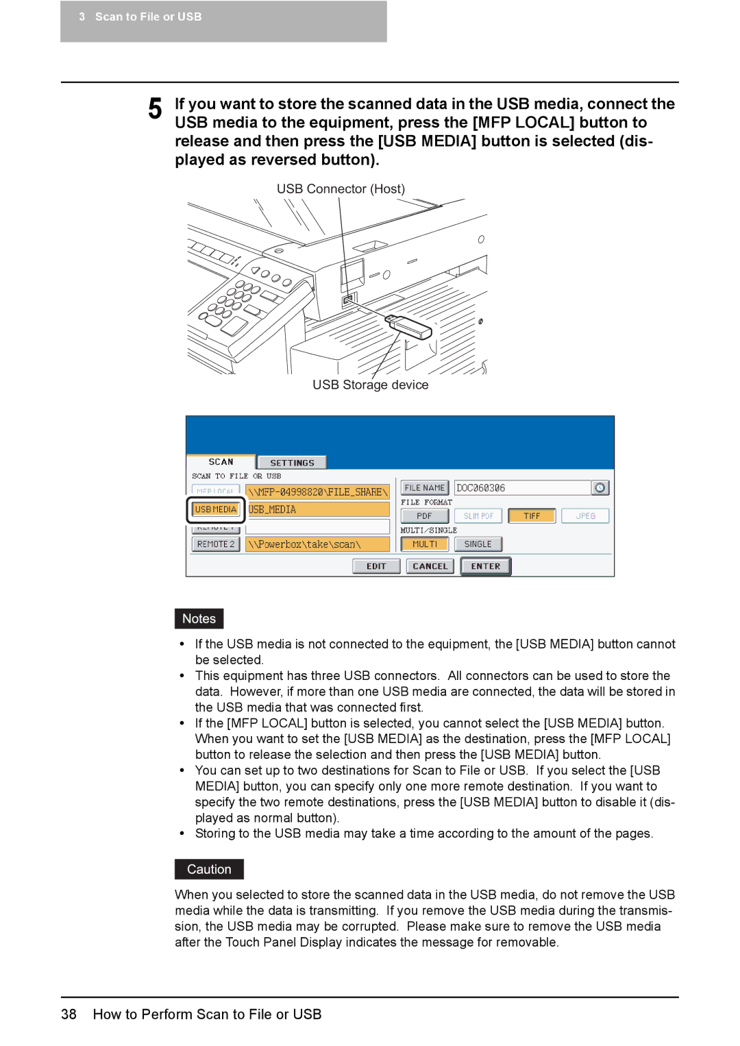 Toshiba 2500C, 3500C manual USB media to the equipment, press the MFP Local button to, USB Connector Host USB Storage device 